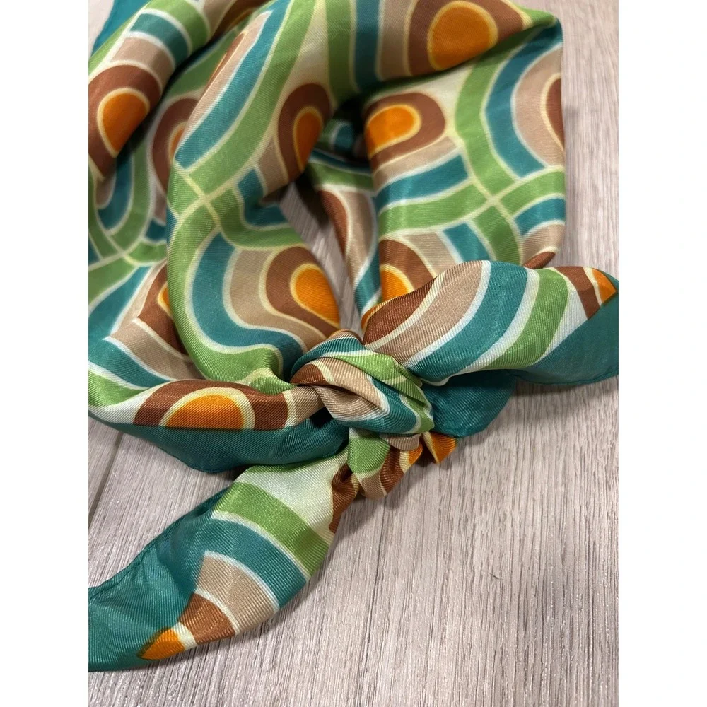Vintage 70s Geometric Target Print Square Scarf Teal Orange Acetate Made Japan - Picture 2 of 5